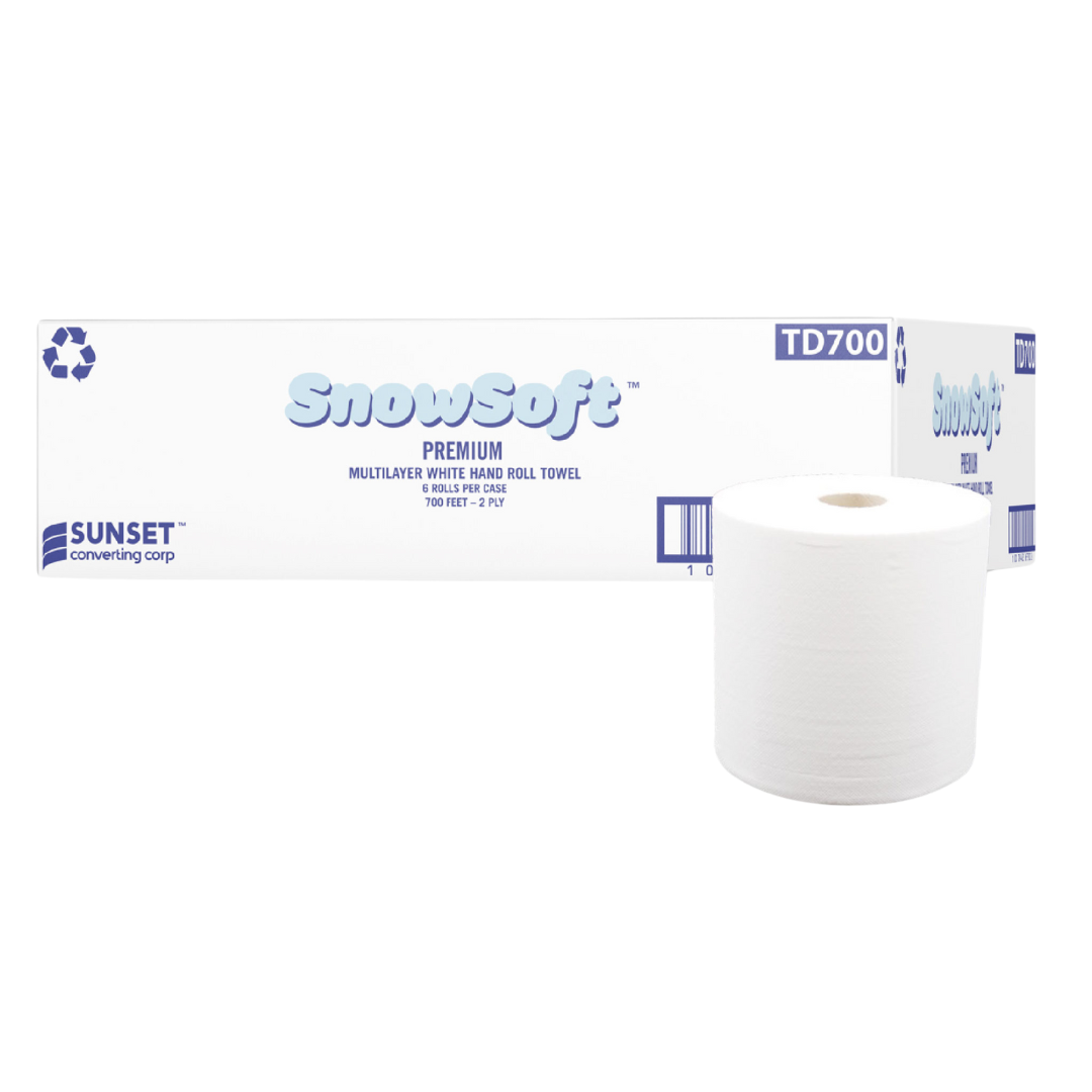 7.65" x 700' TAD White 2 Ply Hand Towel Rolls - 6 Rolls