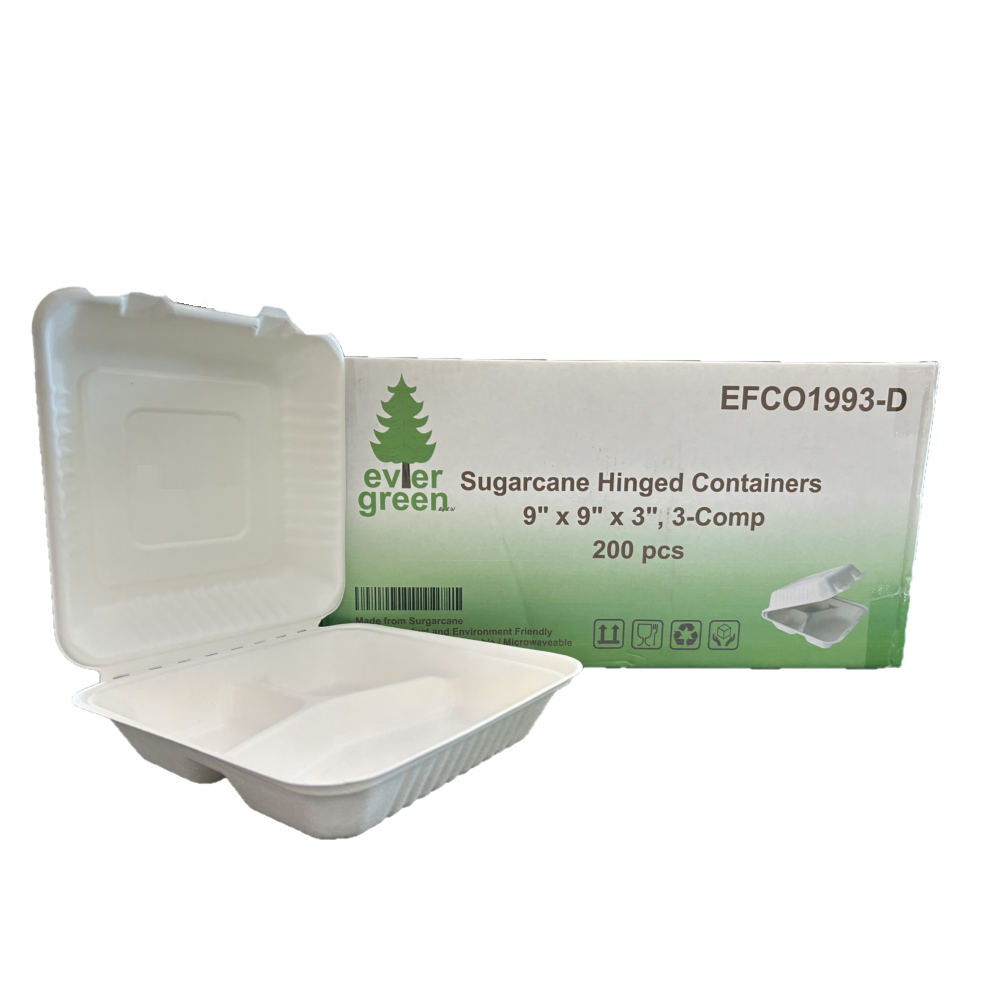9" x 9" x 3" Sugarcane Take-Out Container - 3-Comp.